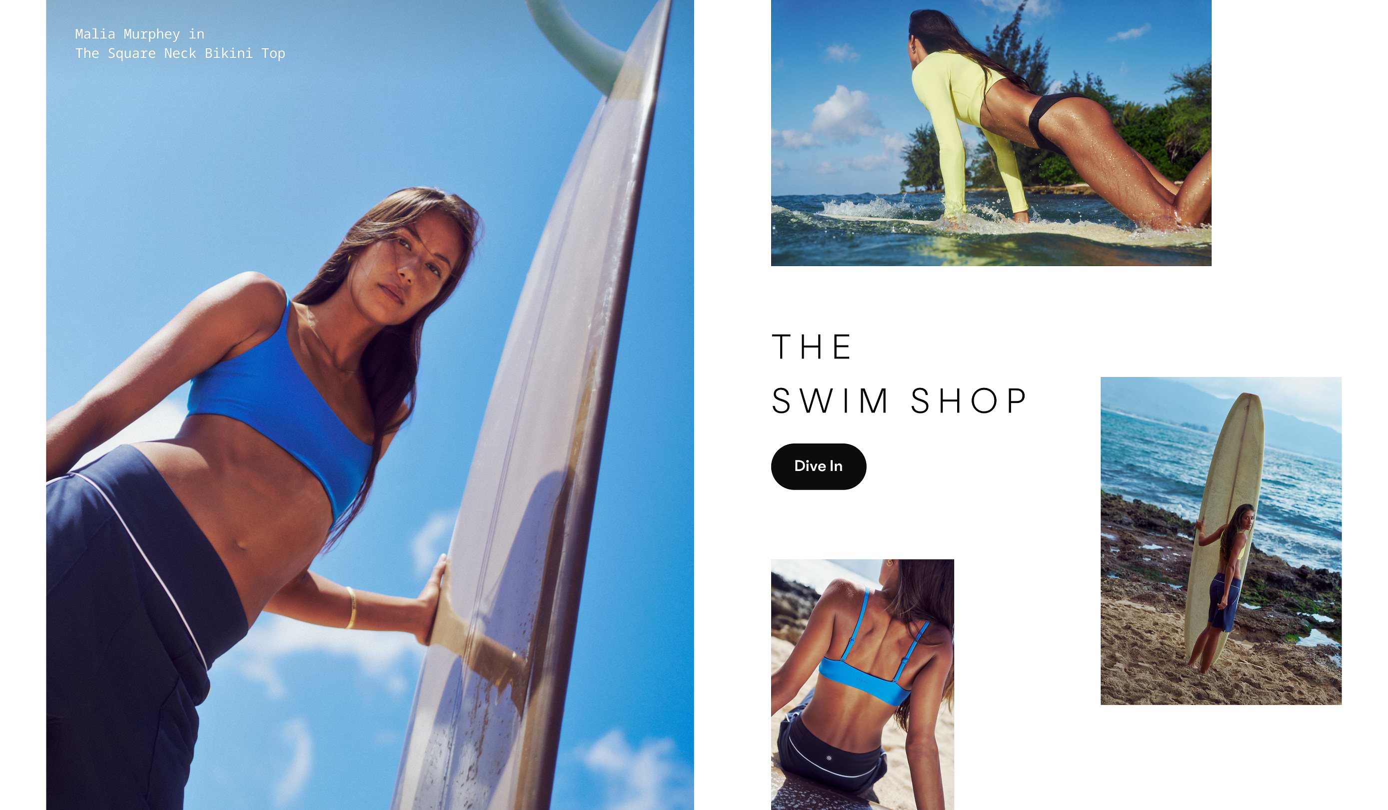 Swim shop ad collage showing a woman in a blue bikini top holding a surfboard, beach/ocean surfing photos, and the text “THE SWIM SHOP” with a “Dive In” button.
