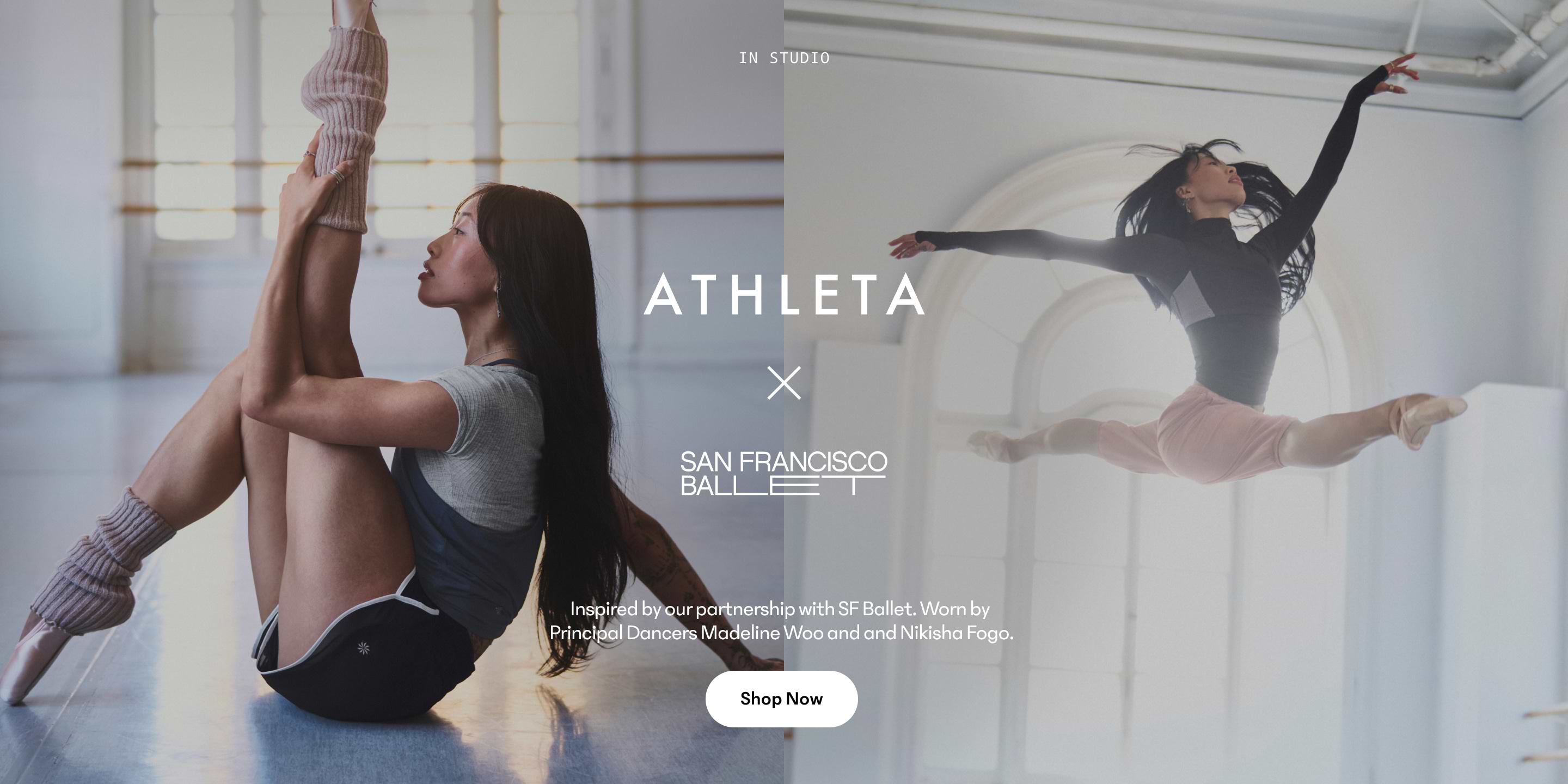 Athleta x San Francisco Ballet ad showing a dancer seated stretching her leg and another mid-leap in a studio.