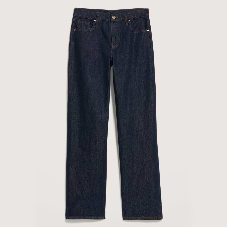 Dark-wash straight-leg jeans with five pockets, laid flat.