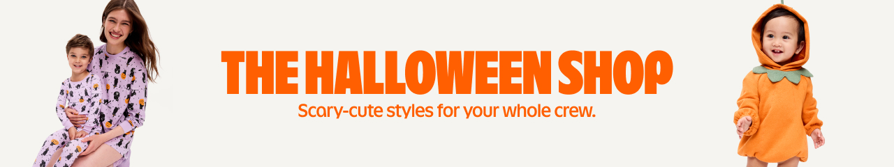 Banner for “The Halloween Shop—Scary-cute styles,” showing a woman and child in Halloween pajamas and a toddler in a pumpkin costume.