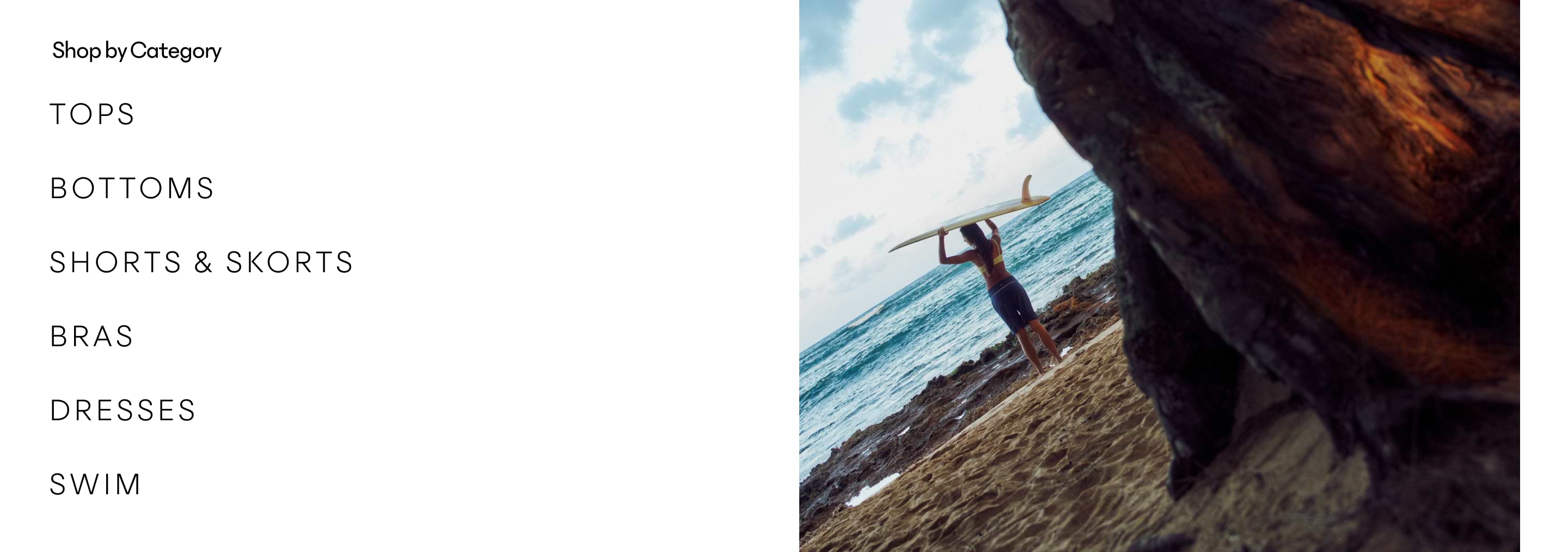 Shop by Category—Tops, Bottoms, Shorts & Skorts, Bras, Dresses, Swim—beside a beach scene with a person carrying a surfboard.