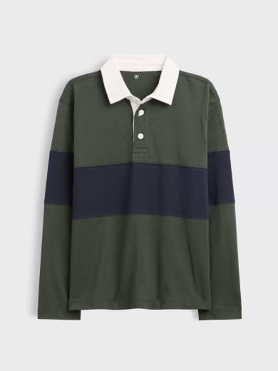 Forest green long-sleeve rugby polo with a navy horizontal chest stripe and a white collar.
