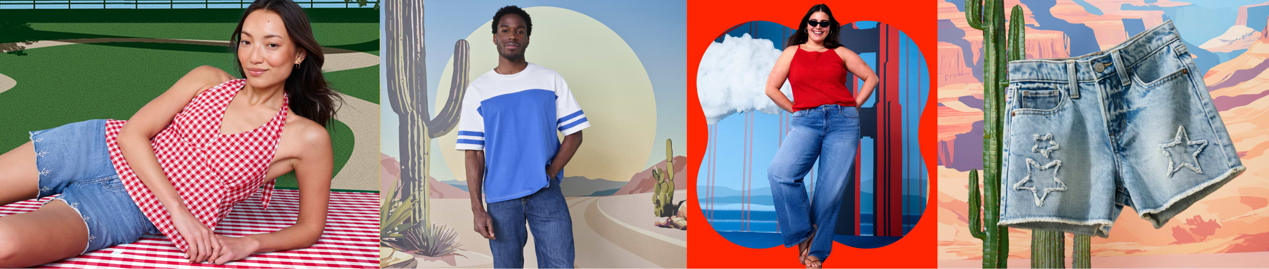 Image of models wearing a variety of styles from the Old Navy summer collection.