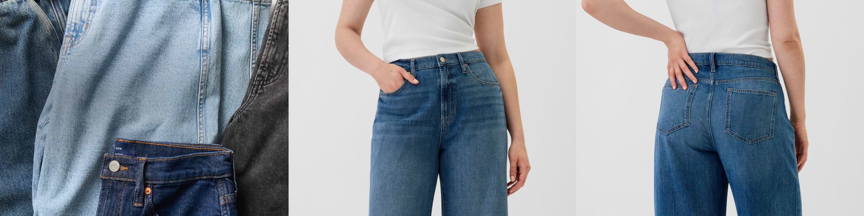 Assorted denim washes and a person modeling mid‑blue wide‑leg jeans, shown from front and back, with a white sleeveless top.