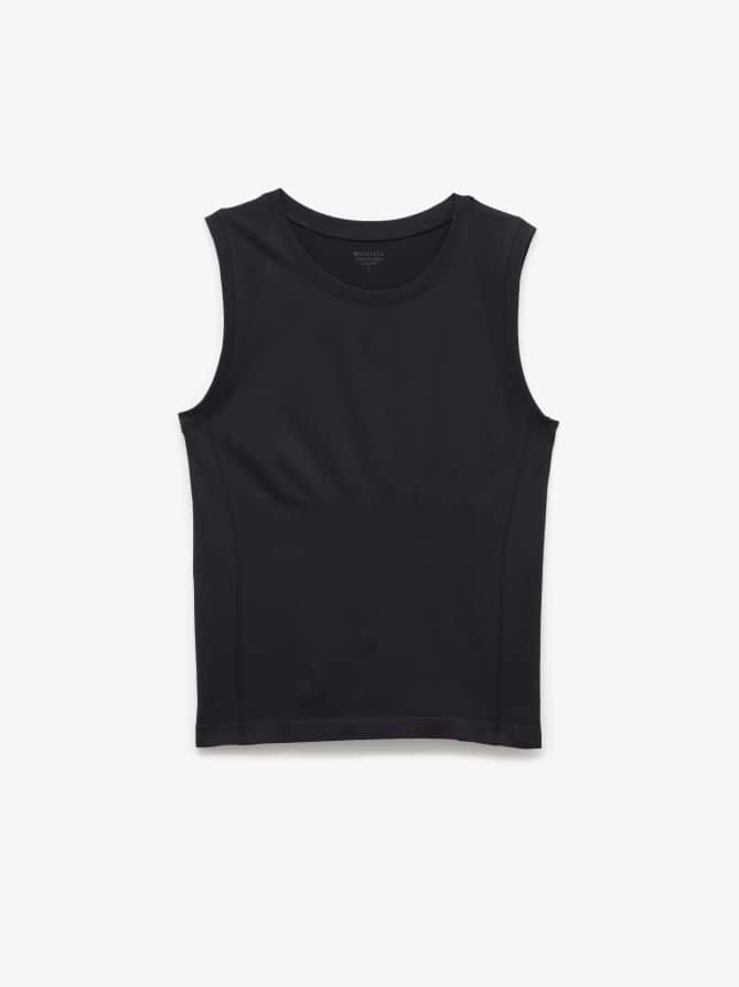 Black sleeveless athletic tank top with crew neck, laid flat on white.