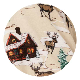 a picture of a picture of a house and reindeer on a snowy hill