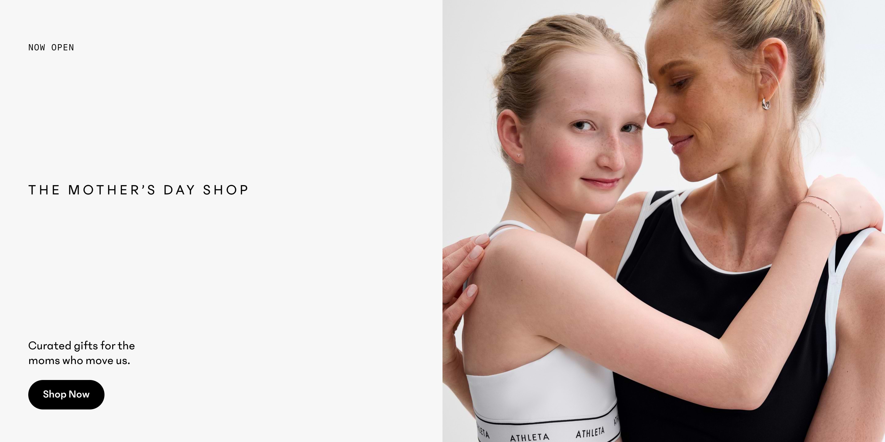 Mother and child in athletic wear hugging, beside text: “The Mother’s Day Shop.” Button: “Shop Now.”