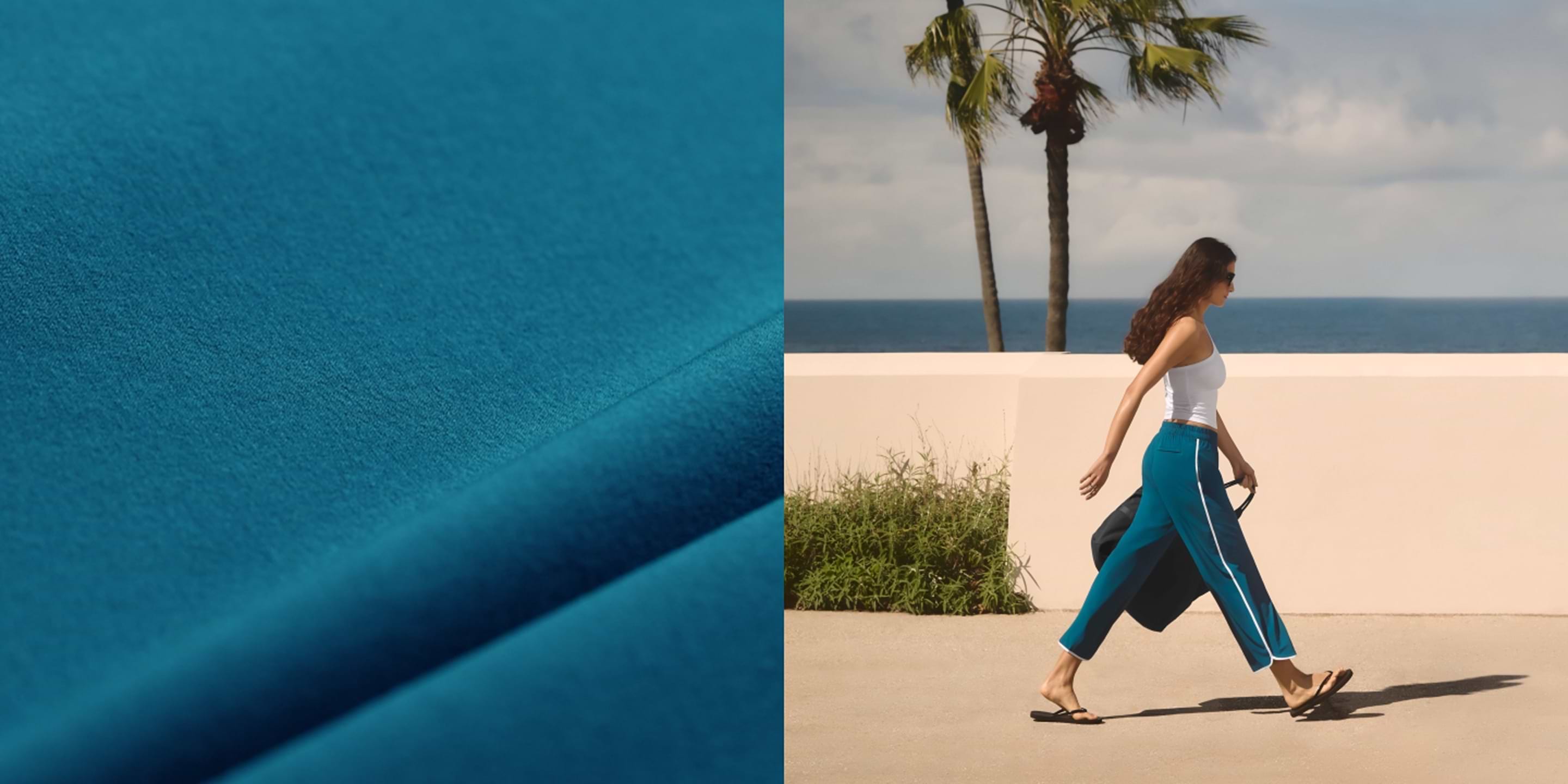Split image: close-up of teal fabric on the left; on the right, a person in teal pants with a white stripe and a white tank top walks by a seaside wall with a palm tree.