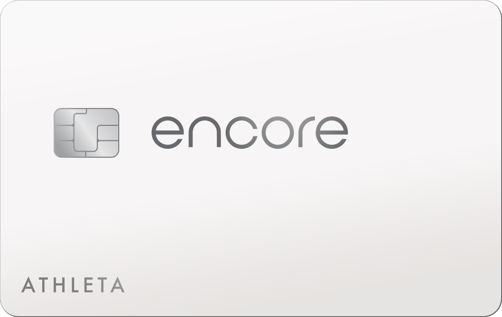 White card with a chip, gray “encore” logo in the center, and “ATHLETA” text at bottom left.