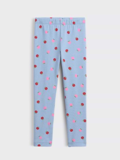 Light blue leggings with a scattered red and pink apple print.