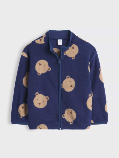 Navy blue kids’ zip-up fleece jacket with beige bear-face pattern.