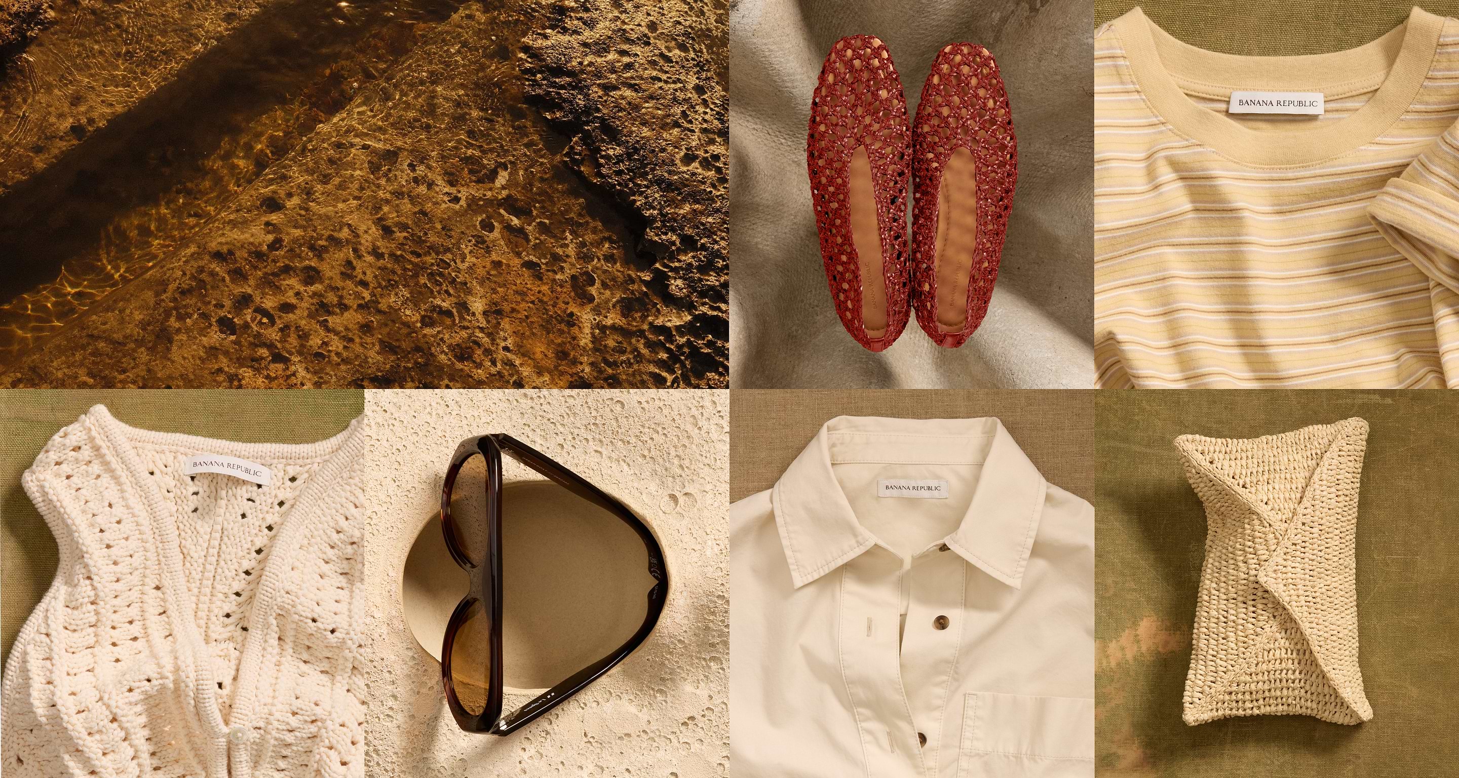 Collage of neutral-toned summer items: red woven flats, yellow striped tee, cream crochet cardigan, beige button-down shirt, tortoiseshell sunglasses, and a woven clutch, arranged on textured stone and fabric backgrounds.