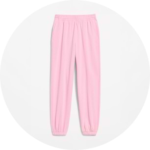 Light pink jogger sweatpants with elastic waistband and ankle cuffs, front view.