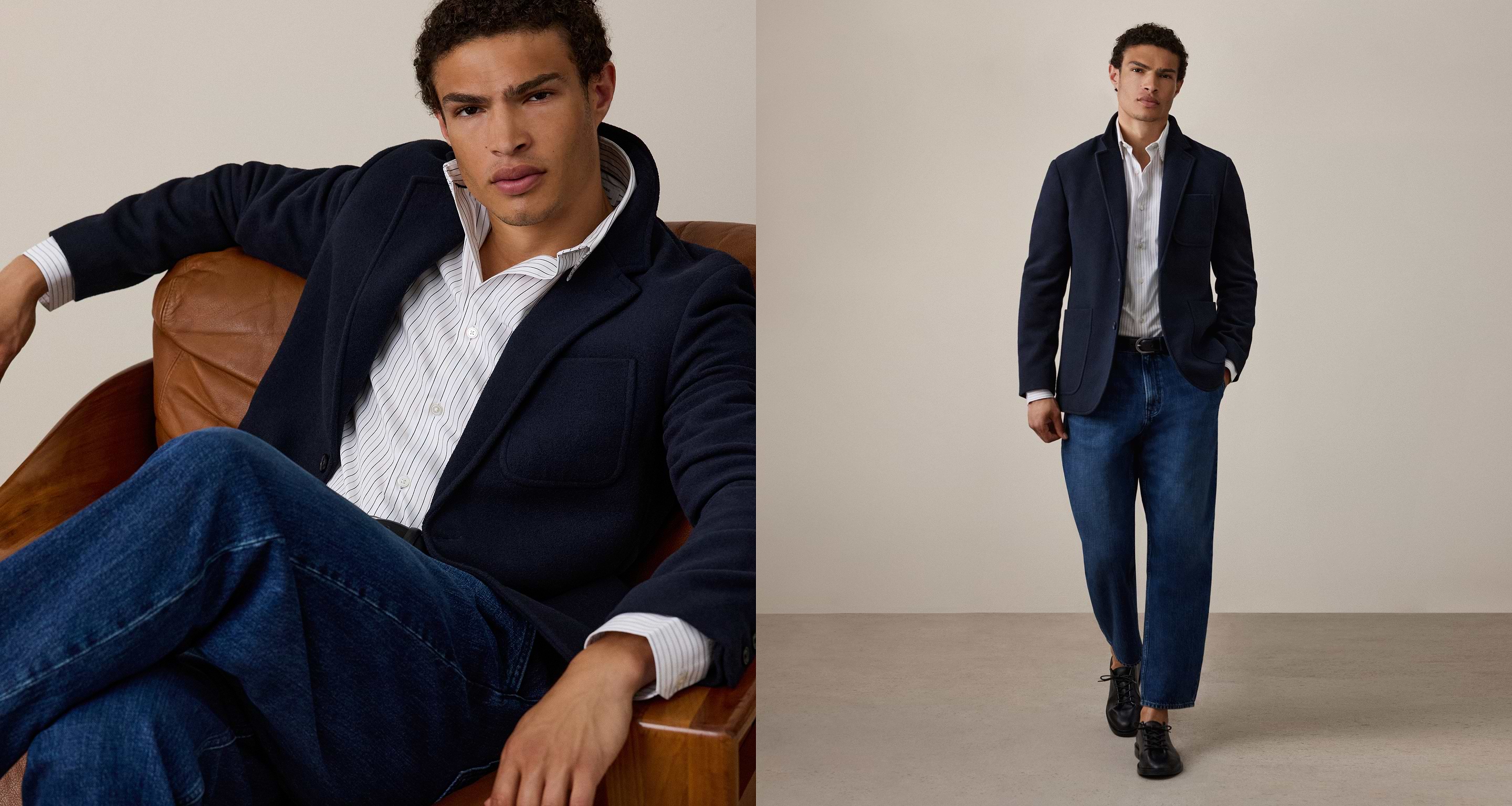 Model in a navy blazer, white striped shirt, and blue jeans; seated in a leather chair (left) and standing with hands in pockets (right) against a neutral backdrop.