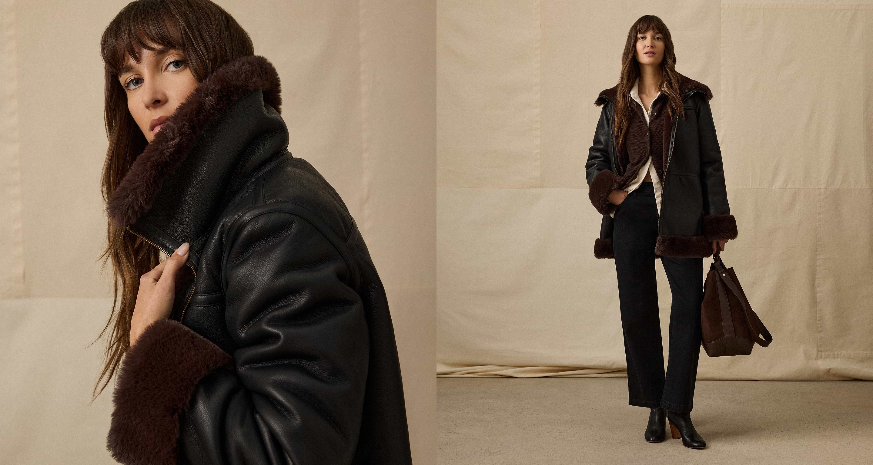 Split image showing a person in a black leather shearling coat with brown trim, dark pants and ankle boots, carrying a brown tote against a beige backdrop.