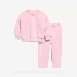 Light pink children’s sweatsuit set with a long-sleeve crewneck sweatshirt and matching elastic-waist pants.