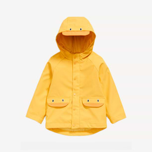 Yellow hooded rain jacket with snap buttons and two front flap pockets.