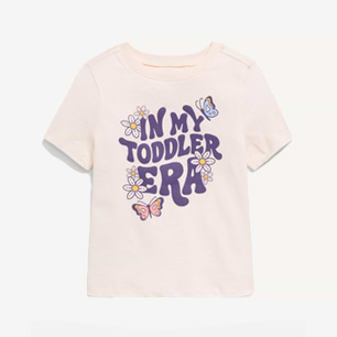 Cream short-sleeve toddler T-shirt with purple “IN MY TODDLER ERA” text, daisies, and butterflies on the front.