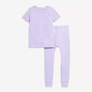 Lilac pajama set with short-sleeve top and matching cuffed pants.