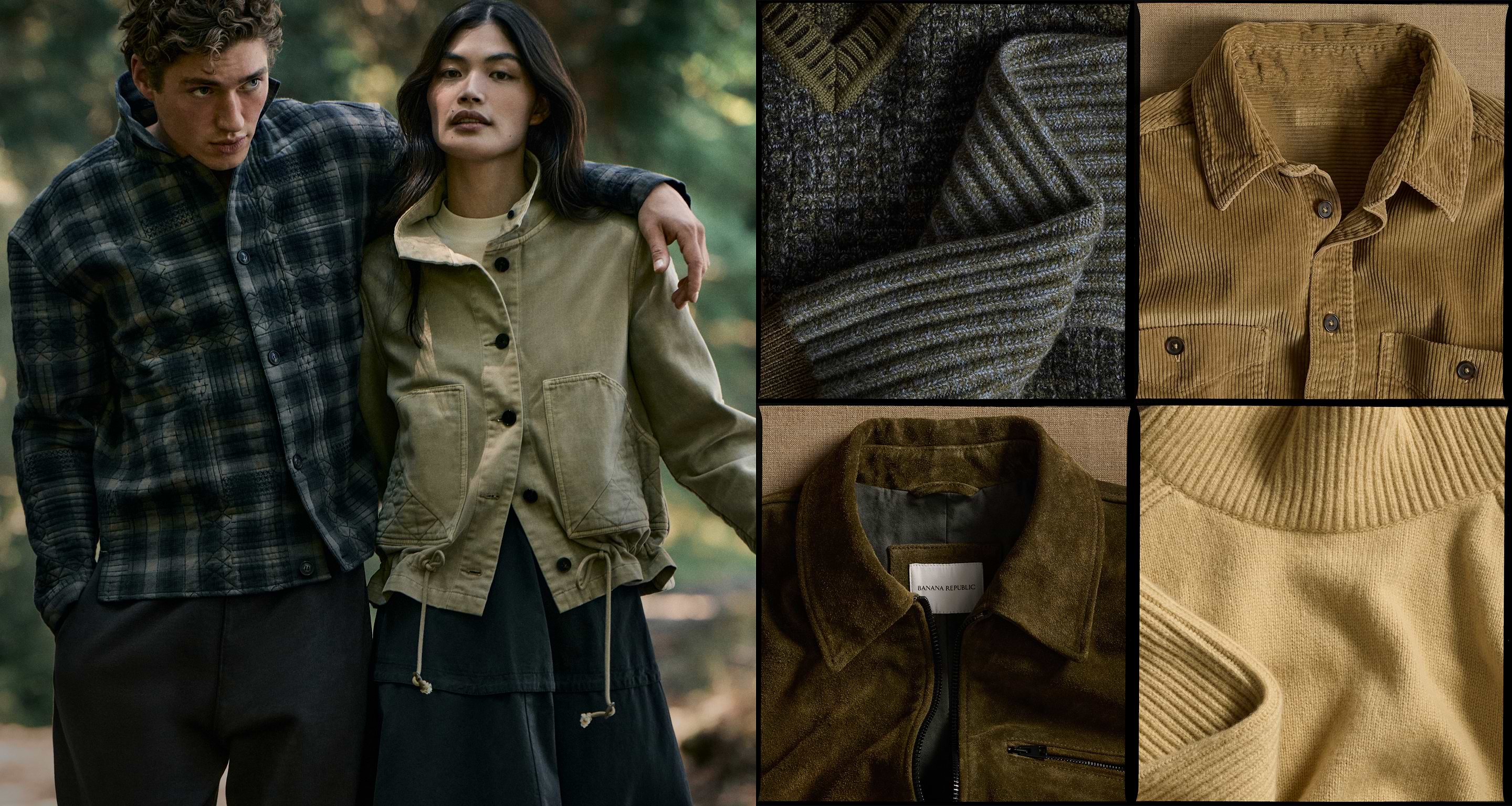 Collage of fall clothing: two models outdoors in a dark plaid jacket and a khaki utility jacket, alongside close-ups of ribbed knit, tan corduroy shirt, suede zip jacket, and beige ribbed sweater.