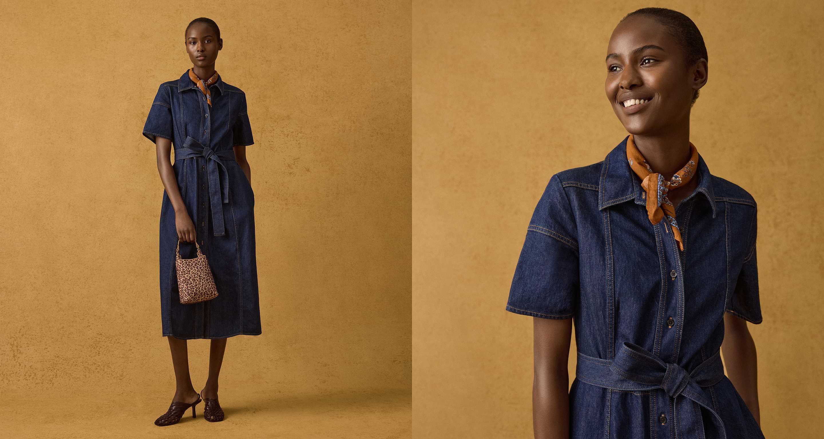 Split image: person wearing a dark denim midi shirt dress with tie belt and orange neck scarf, holding a small leopard-print bag.