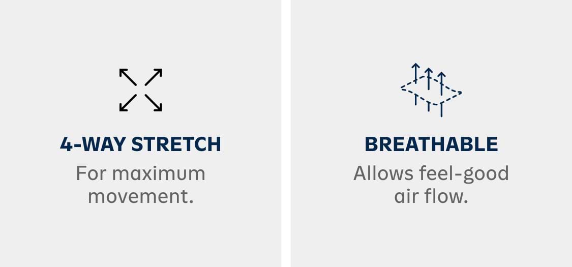 Two feature badges: left shows “4‑way stretch” with four arrows and the caption “For maximum movement.” Right shows “Breathable” with airflow icon and the caption “Allows feel‑good air flow.”