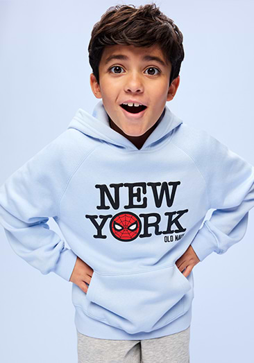 Image of a boy model wearing the Old Navy x Marvel Spider-man collection.