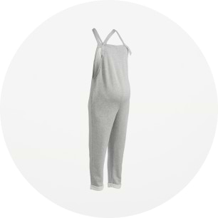Light gray knit overalls with shoulder straps and cropped, cuffed legs.