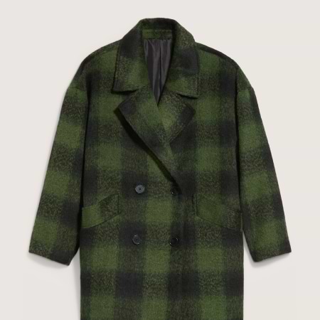 Green and black plaid double-breasted wool coat with notch lapels.