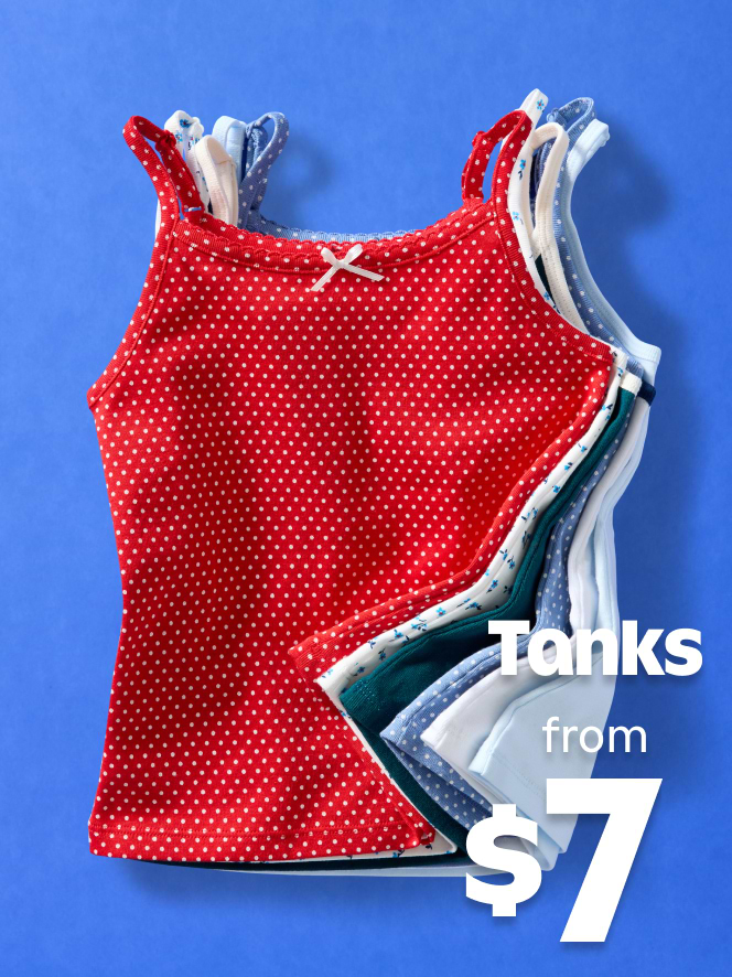 A pile of tank tops in red, white and blue.