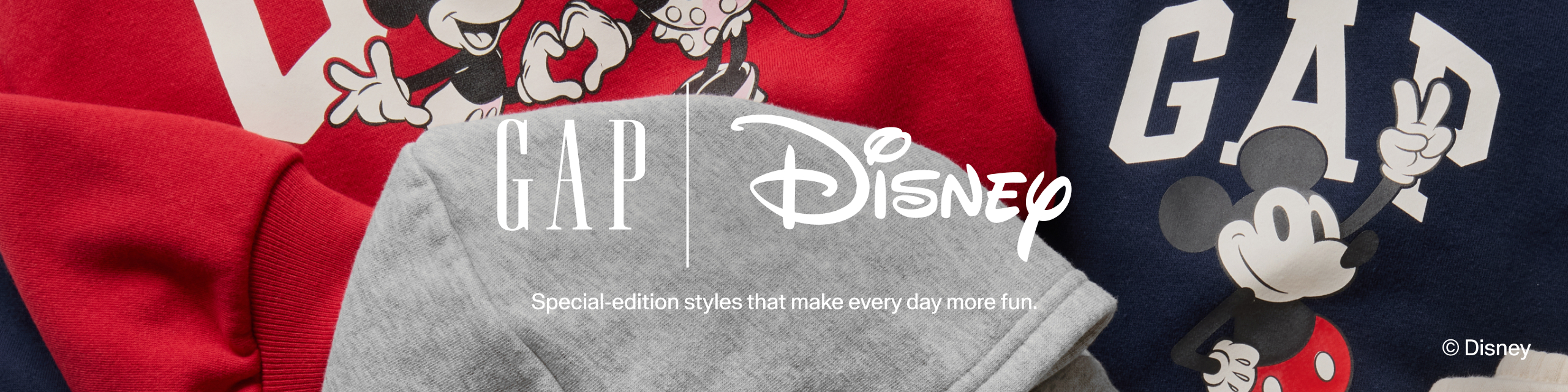 Gap x Disney banner showing Mickey Mouse on red, gray, and navy sweatshirts, with text: “Special-edition styles.”