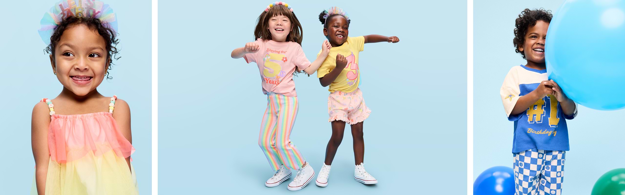 Image of toddler models wearing the Old Navy birthday collection.