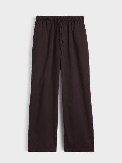 Dark brown straight-leg pants with an elastic drawstring waistband, laid flat on a light background.