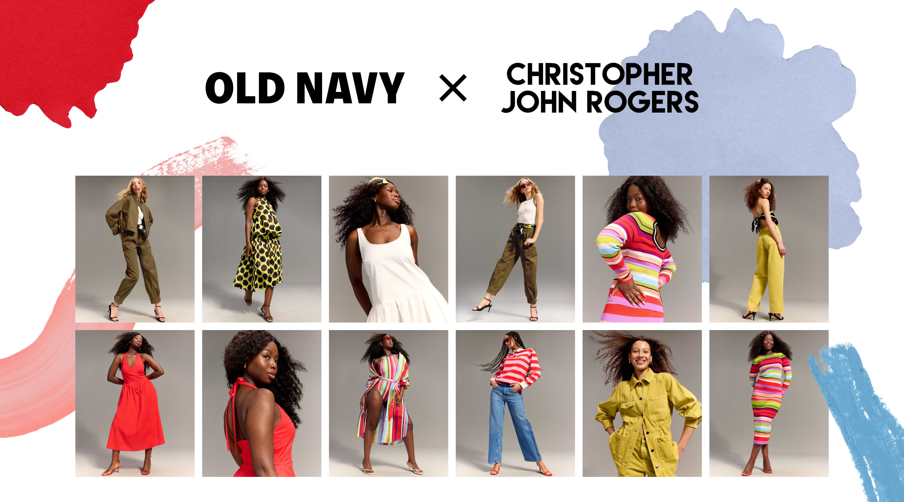Old Navy x Christopher John Rogers: collage of models in bold pieces—olive utility sets, yellow‑black polka‑dot dress, white sundress, red midi, jeans with striped top, and rainbow stripes.