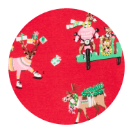 Cartoon reindeer in sweaters skating and riding a scooter with presents on a red holiday background.