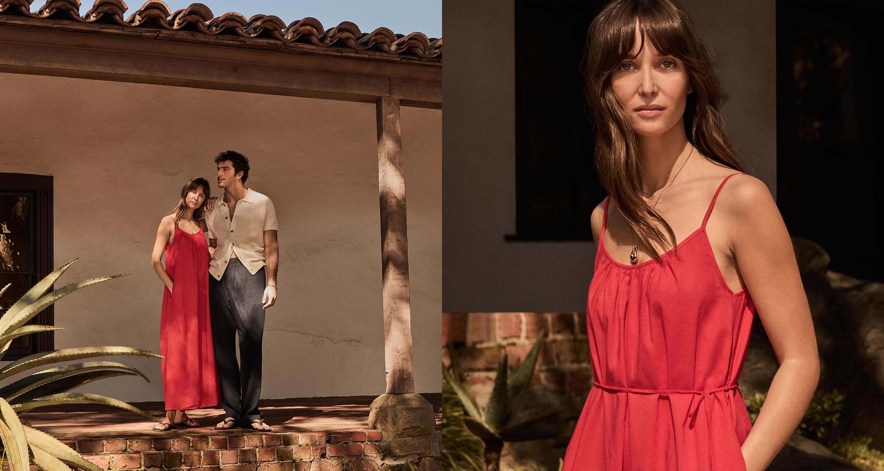 Woman in red dress and man in tan shirt and pants. 