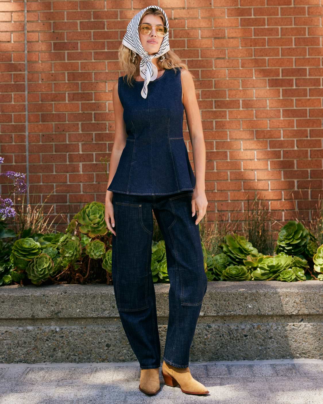 A photo of an Old Navy creator in a denim-on-denim outfit.