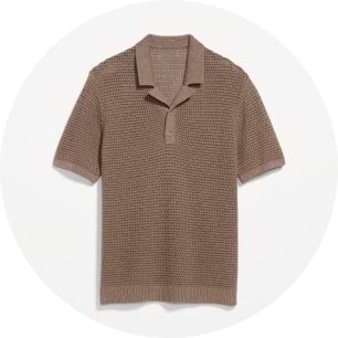 Image of brown knit polo sweater.