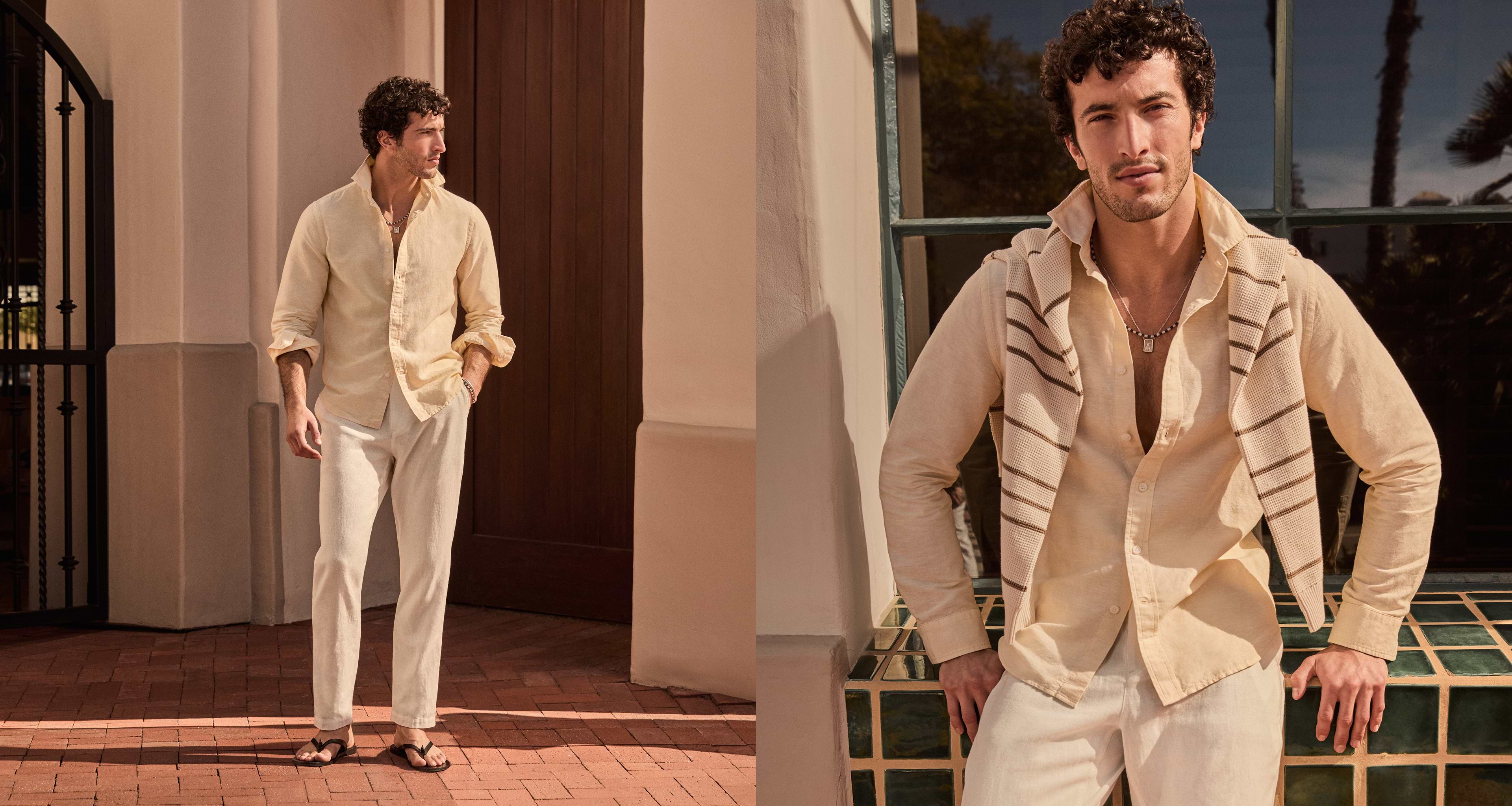 Man in tan button down shirt and white pants.