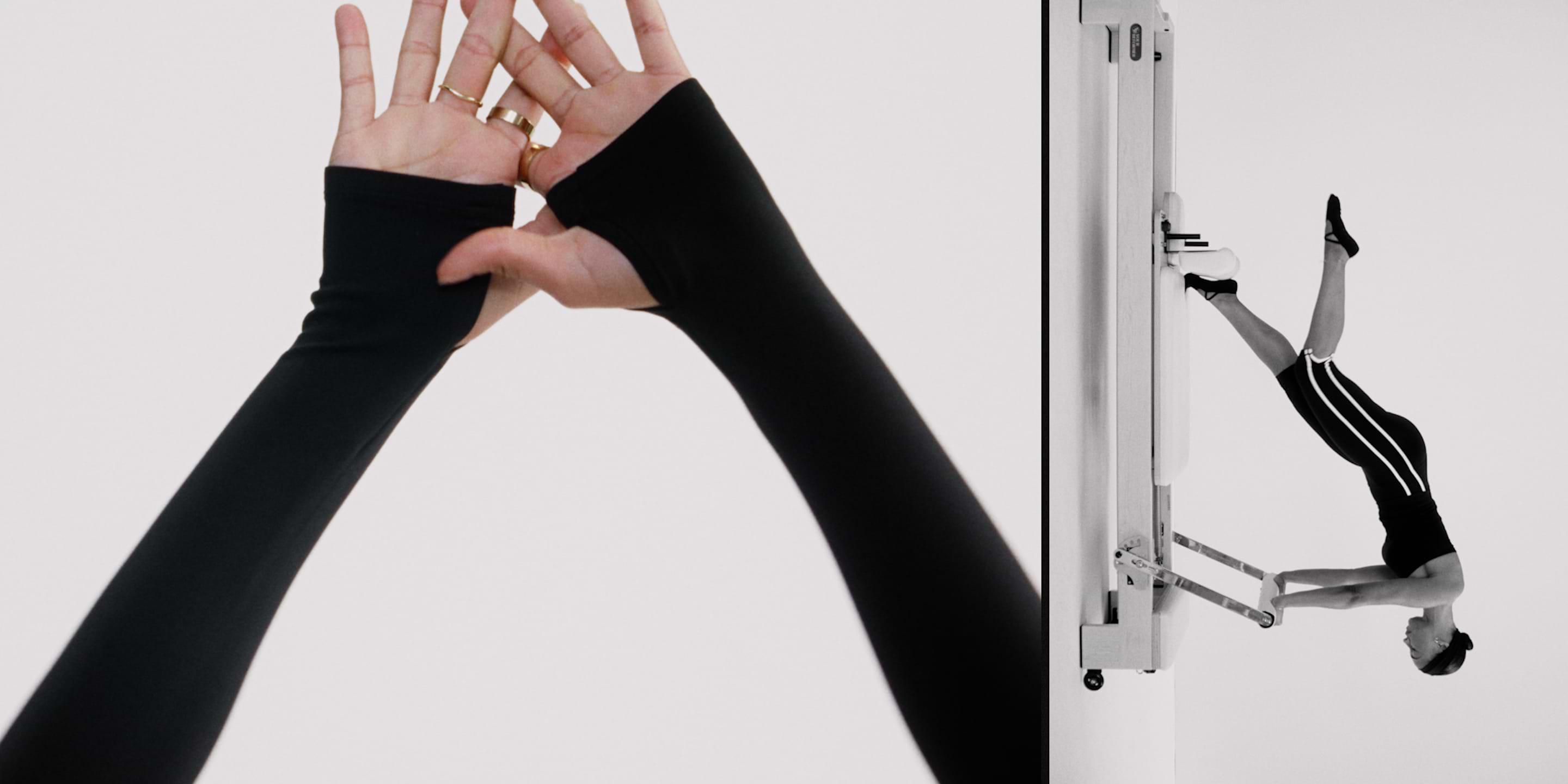 Split image: close-up of hands in long black thumbhole sleeves with rings; on the right, a person in athletic wear performs an inverted move on a Pilates machine against a white wall.