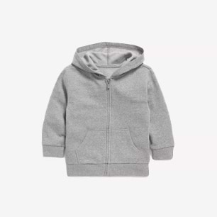 Gray zip-up hoodie with hood and front pockets.