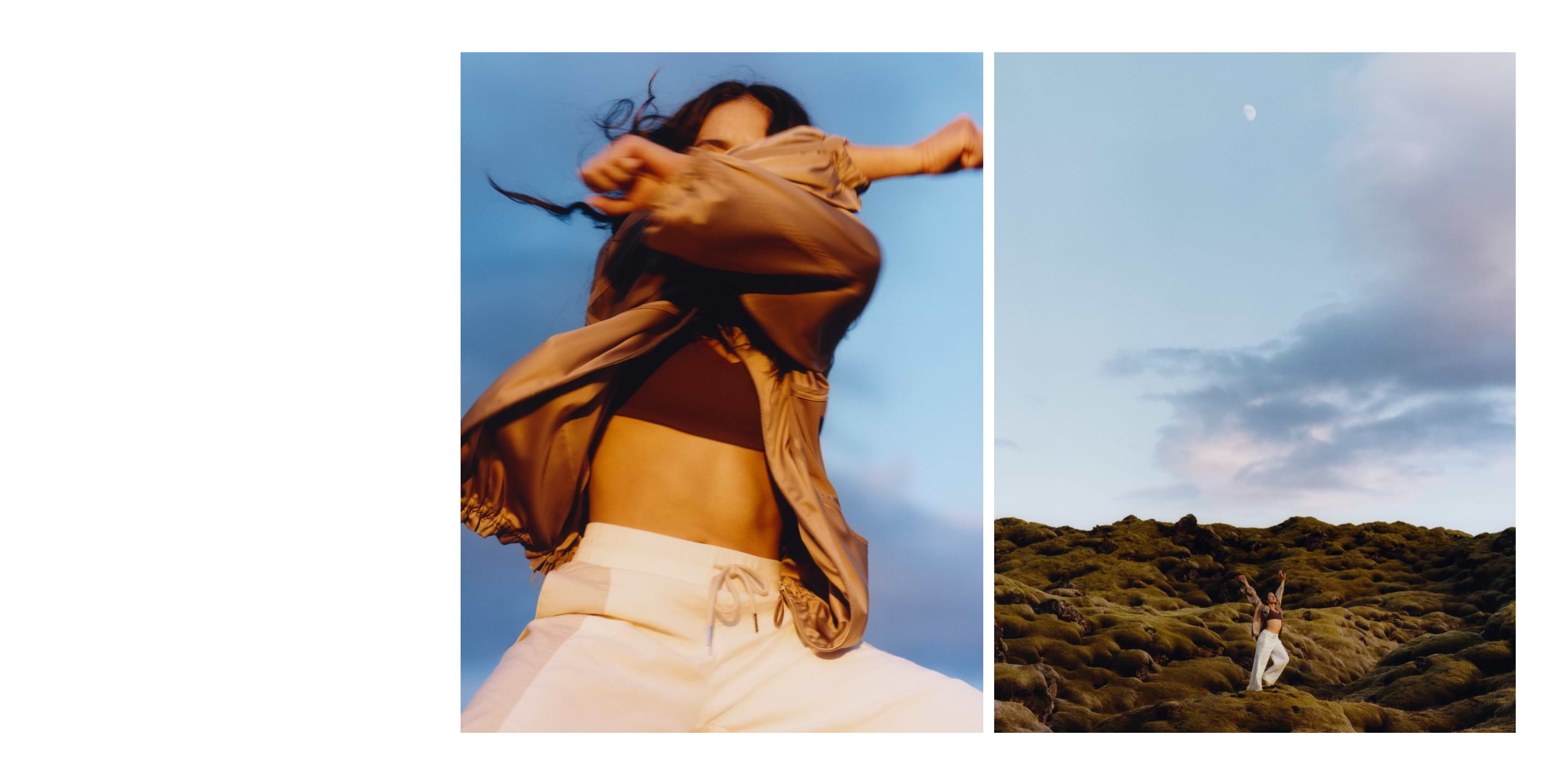 Diptych: person in tan jacket and white pants mid-motion; wide shot of them on mossy hills under a dusky sky with a visible moon.