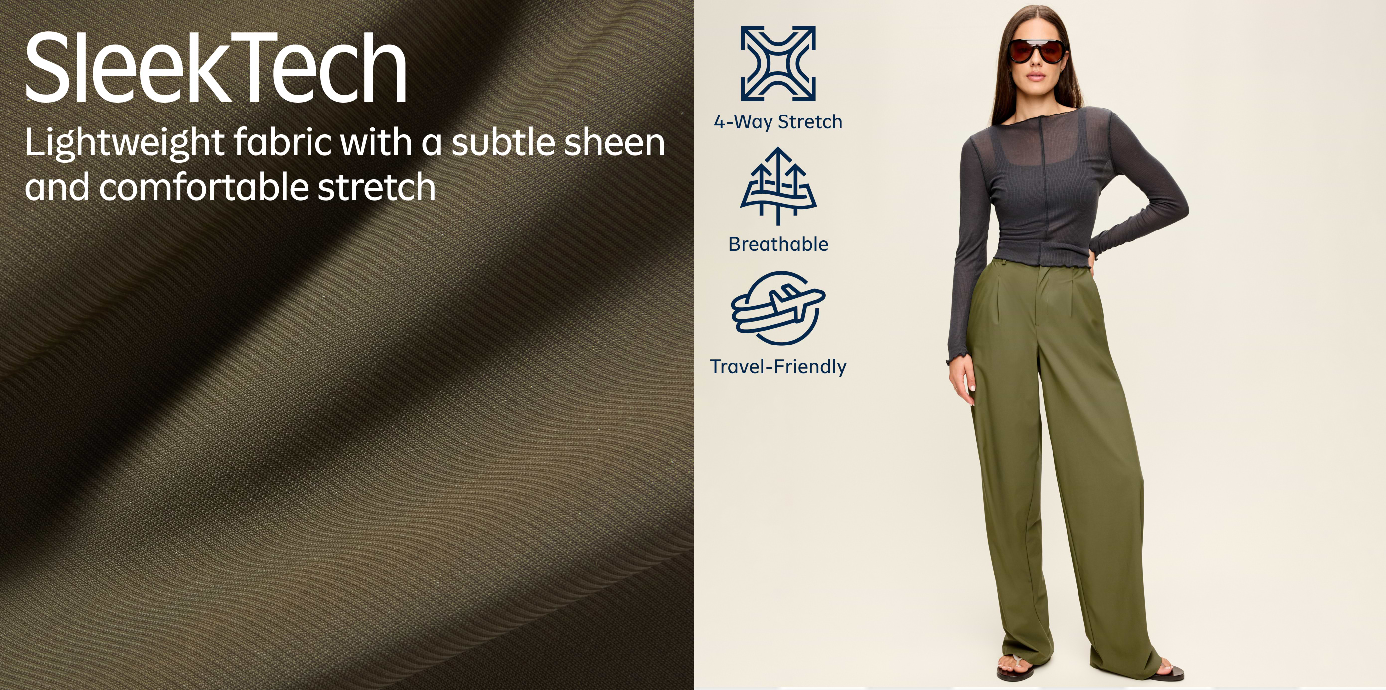 Close-up of SleekTech fabric with a subtle sheen and text: “Lightweight fabric with comfortable stretch,” plus icons for 4‑way stretch, breathable, and travel-friendly; a model wears a dark sheer long-sleeve top and olive wide-leg pants.