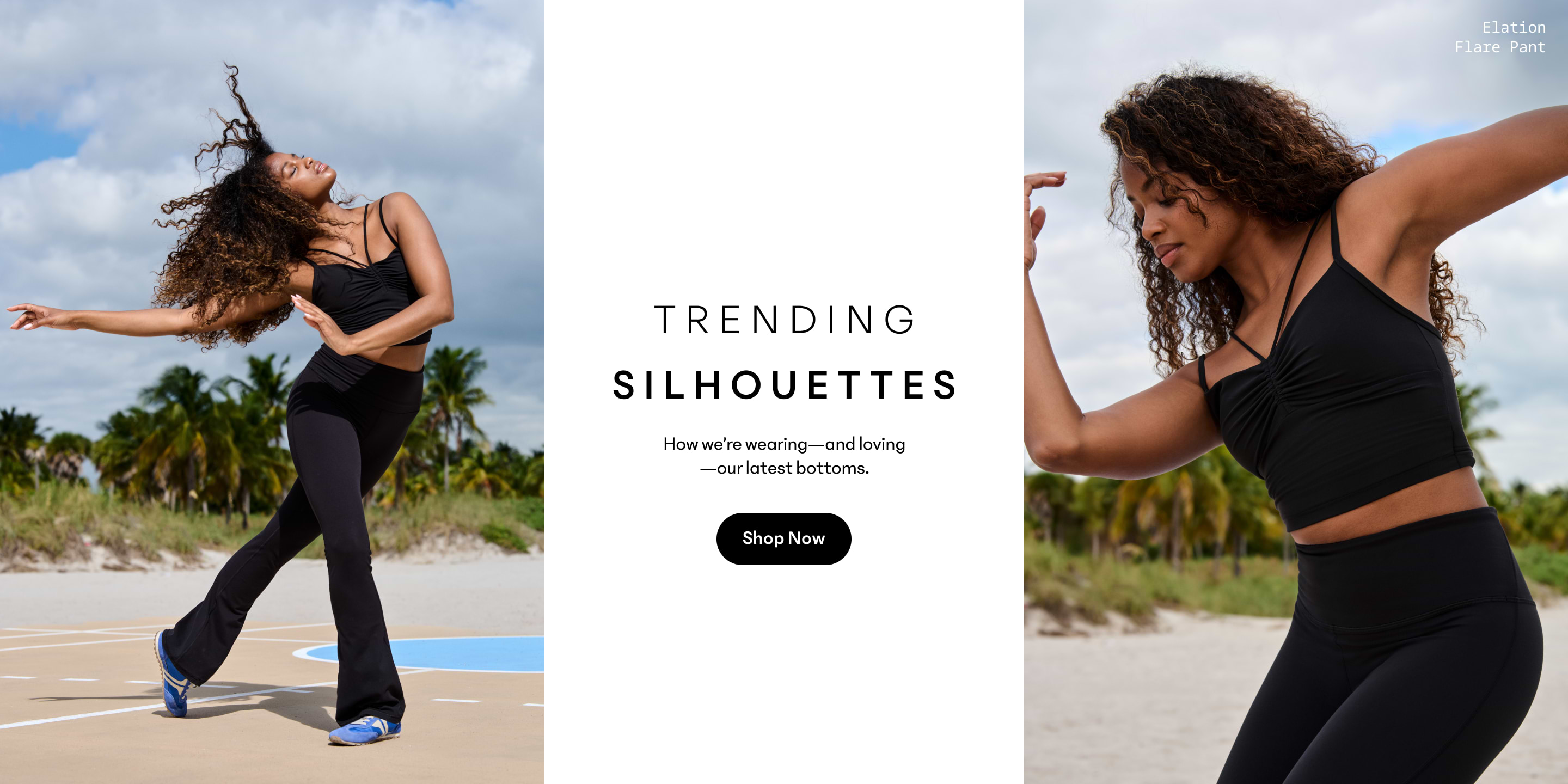 Dancer in black crop top and flared pants posing on a beach; text reads “Trending Silhouettes” with a “Shop Now” button.