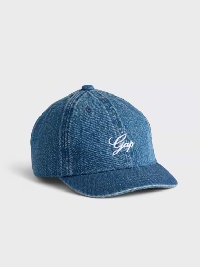 Blue denim baseball cap with a curved brim and white “Gap” logo on the front.