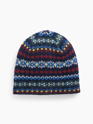 a knitted hat with a multicolored pattern on it