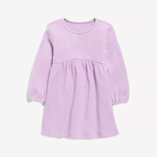 Lavender long-sleeve toddler dress with gathered waist and round neckline.