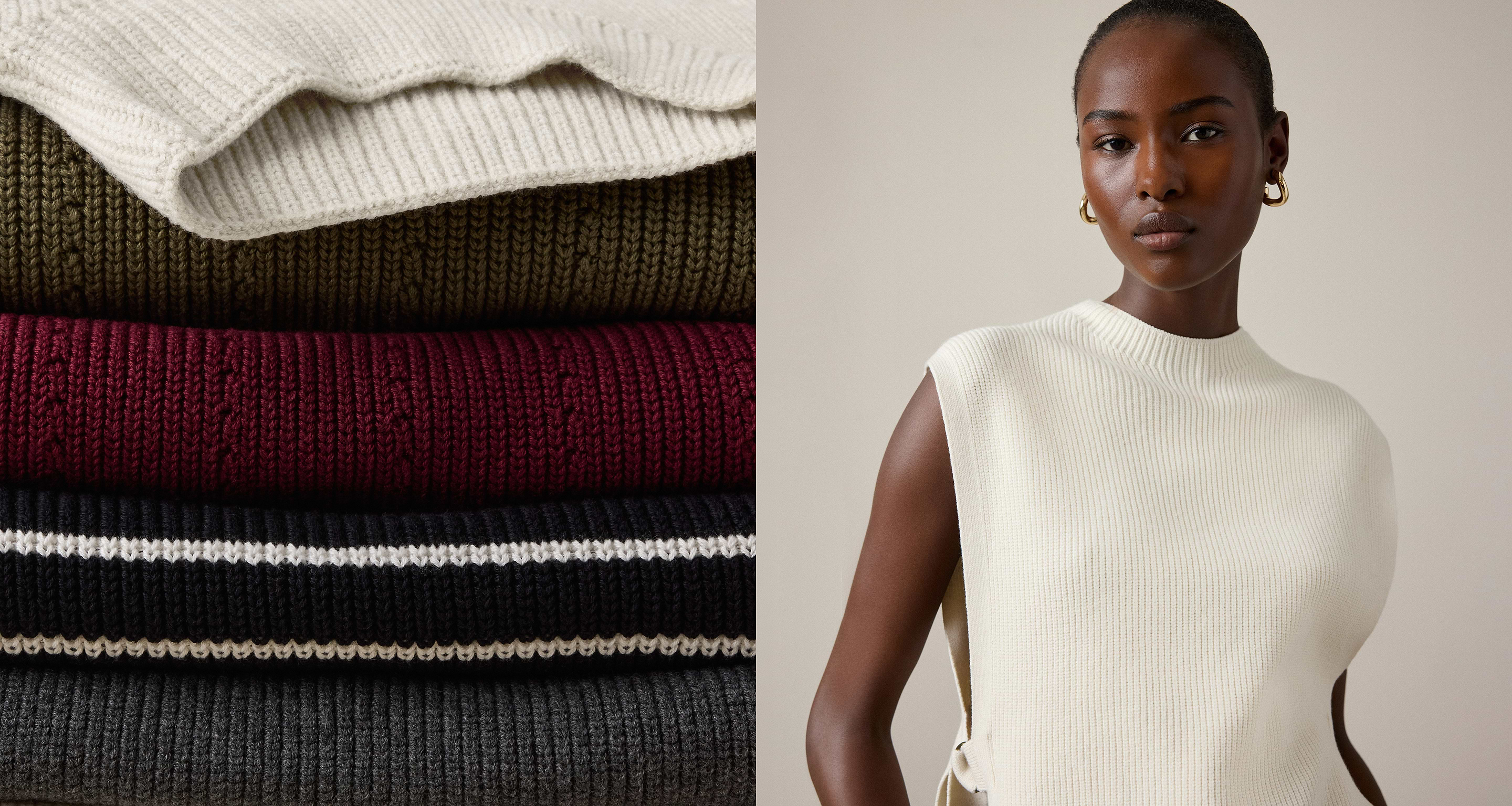 Folded ribbed sweaters (cream, olive, burgundy, black with white stripe, gray) beside a person wearing a cream sleeveless knit top.