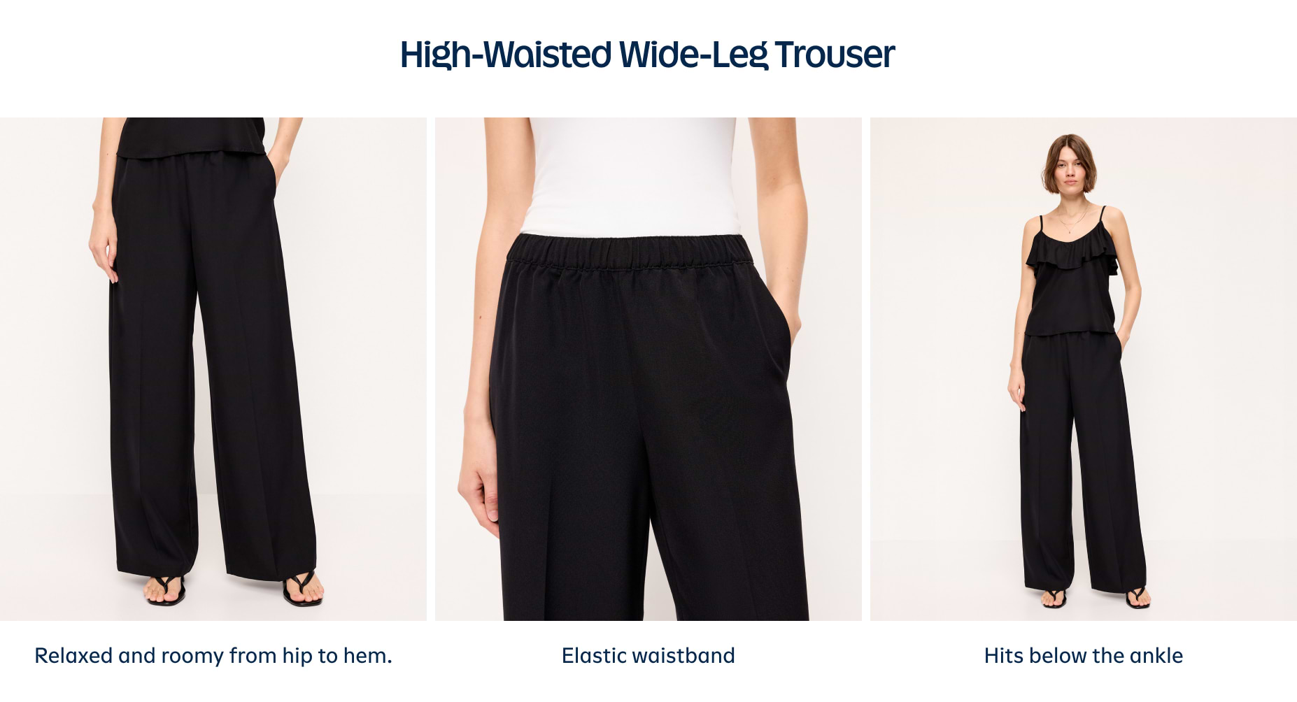 Black high‑waisted wide‑leg trousers with elastic waistband; relaxed, ankle-length fit.