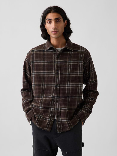 Person wearing a brown plaid button-up flannel shirt with hands in pockets, standing against a plain light-gray background.